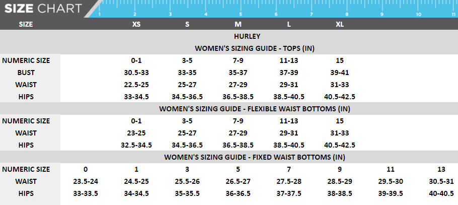 Size Chart - Hurley Women's Raw Edge Legging
