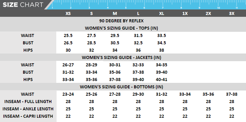 Size Chart - 90 Degree By Reflex Women's Vintage Lux Cracked Faux Leather Racerback Bra