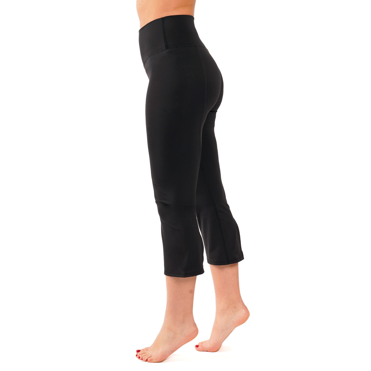 Yogalicious - Women's Nude Tech Elastic Free High Waist Flare Yoga Capri  with Front Splits - Black - Small