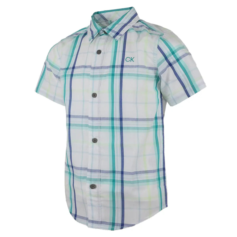 Calvin Klein Little Boys' Short Sleeve Button up Woven Shirt City Plaid White