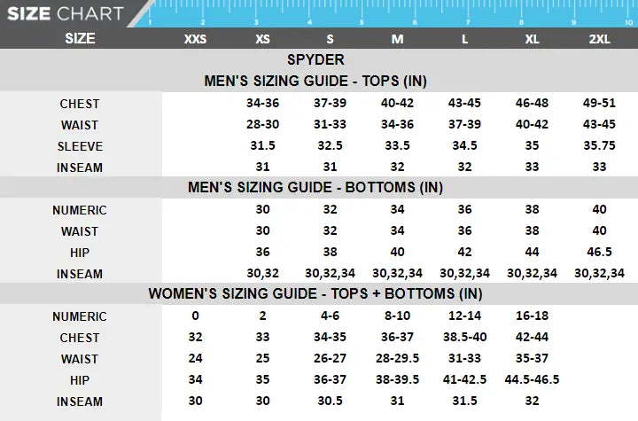 Spyder Men's Polo Size Chart